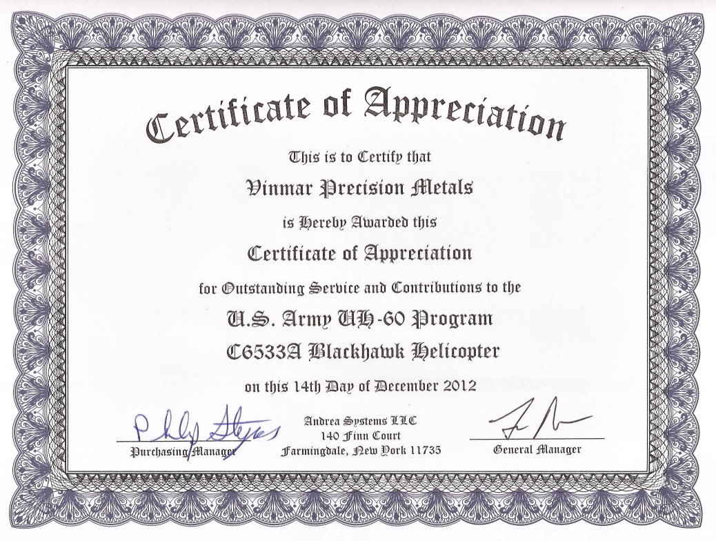 Awards & Certificates | VinMar Precision Metals, Inc.
